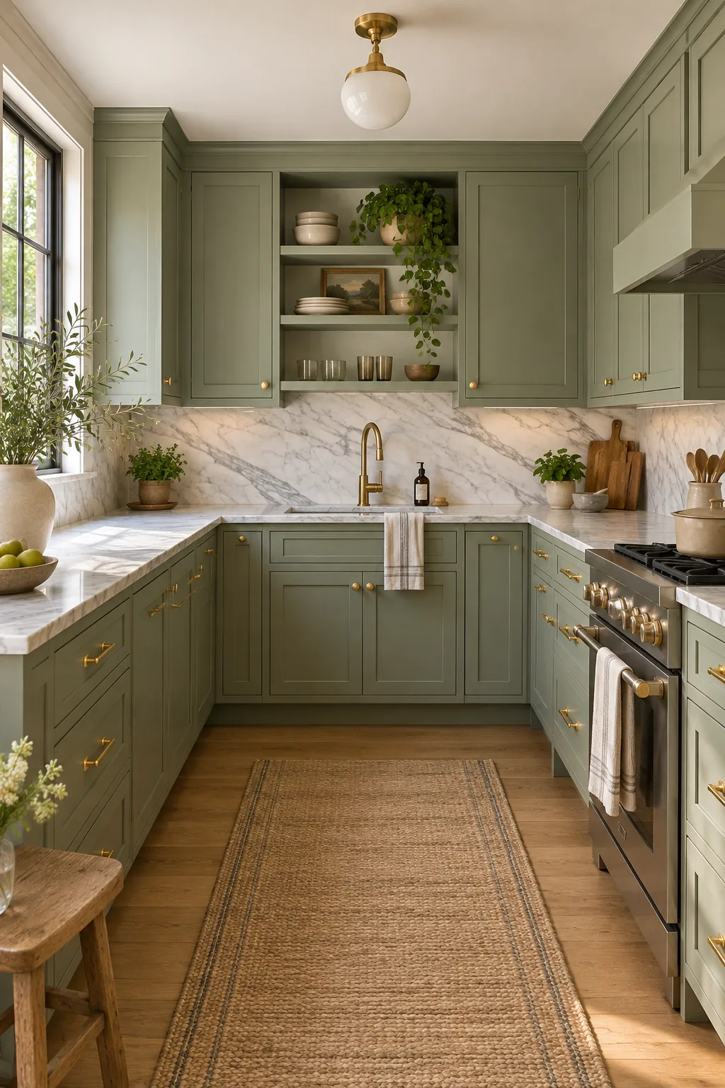 U-shaped kitchen with sage green shaker cabinets and marble backsplash.