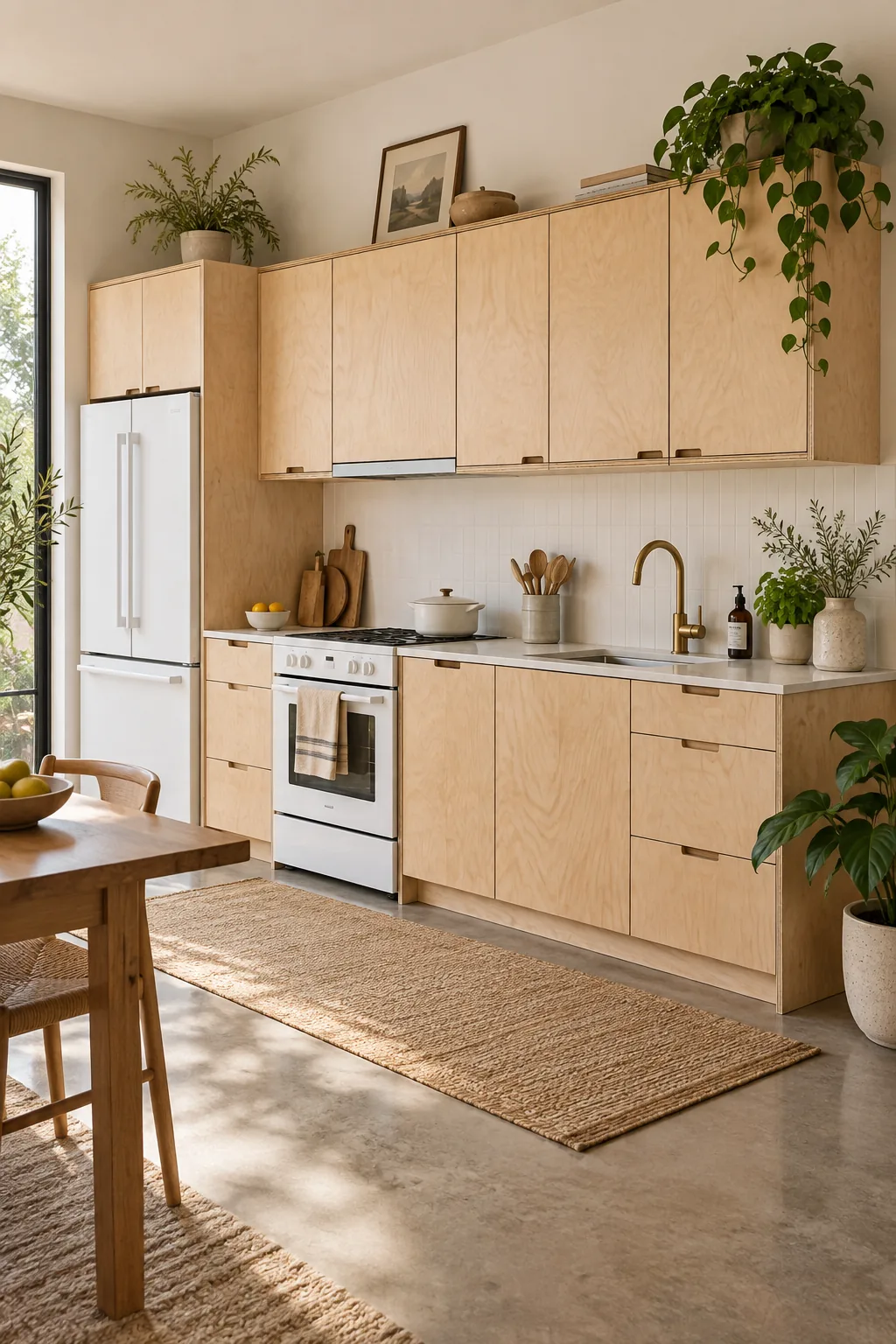 Single-wall kitchen with exposed edge birch plywood cabinets.