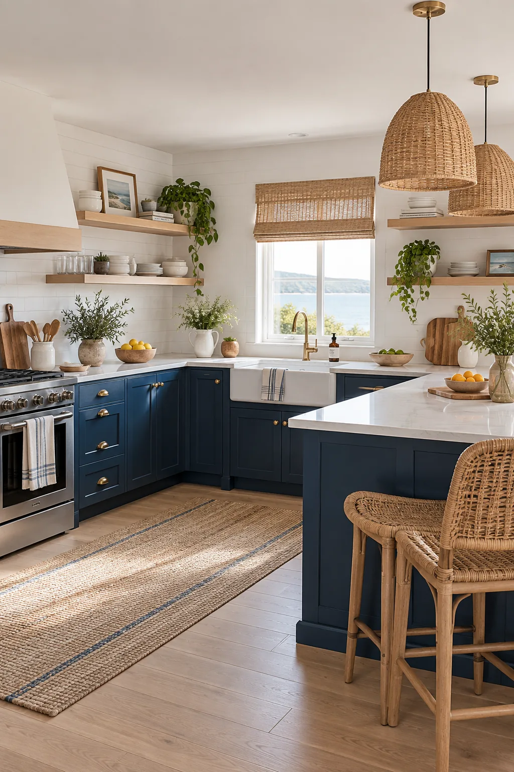 L-shaped kitchen with navy blue base cabinets and floating wood shelves.