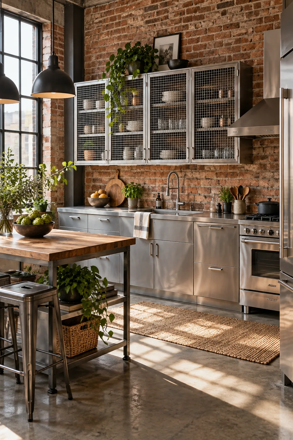 Loft kitchen with brushed stainless steel cabinets against a brick wall.
