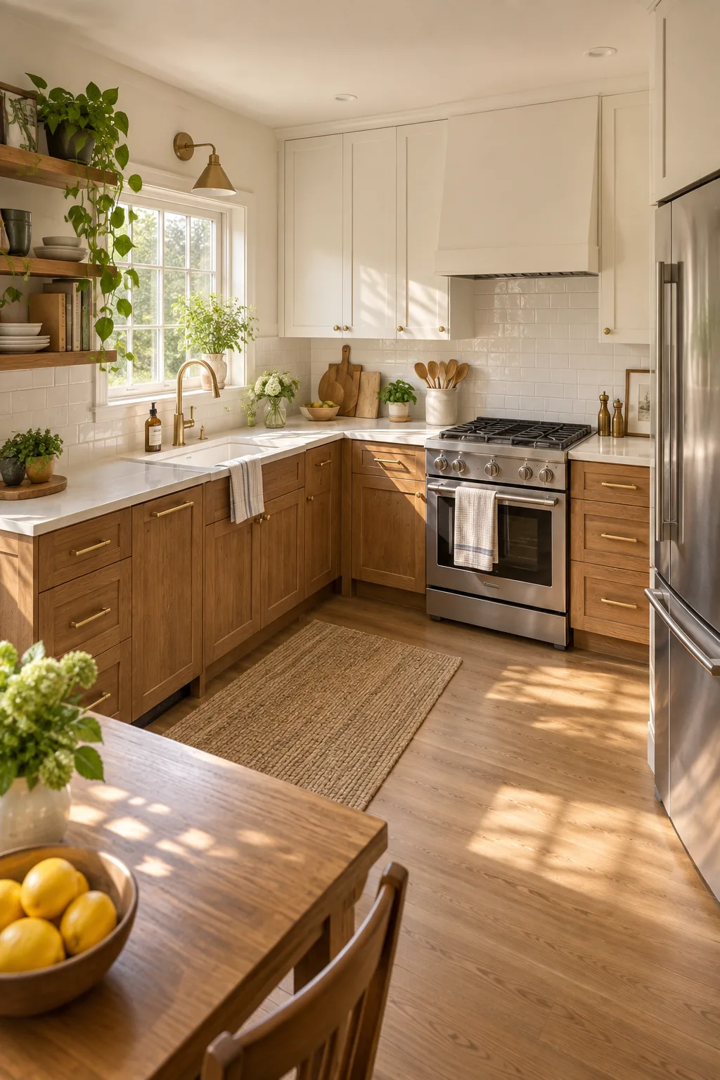 Elevated view of an L-shaped small kitchen with wood lower cabinets and creamy white uppers.
