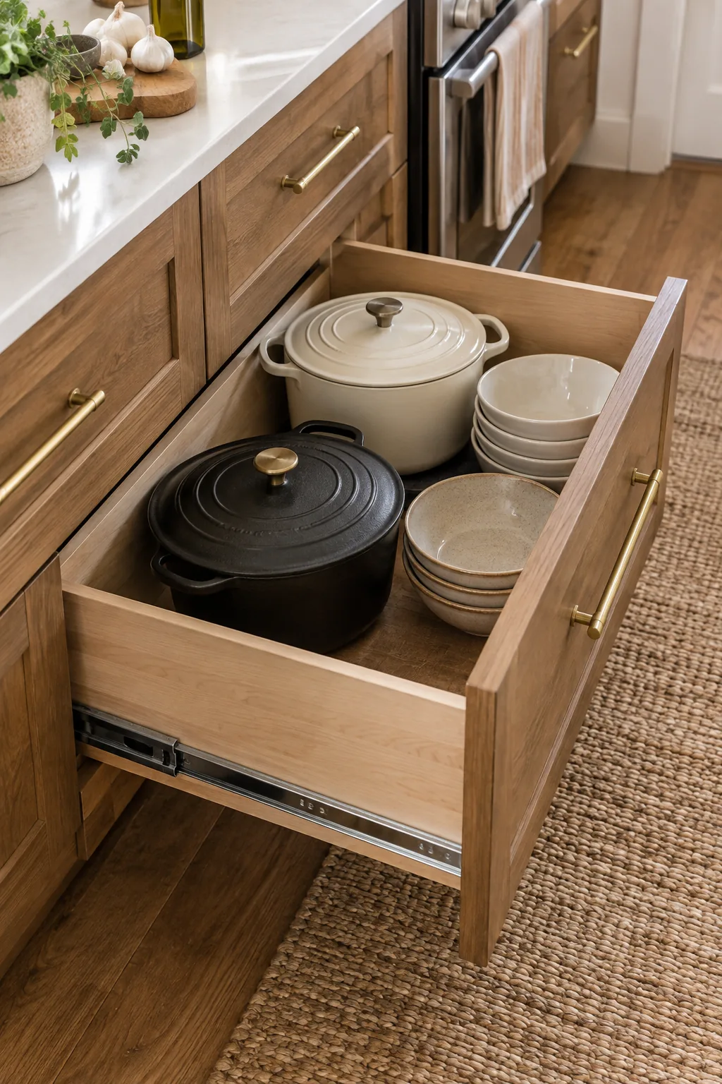 Deep bottom kitchen drawer pulled open to reveal stacked cast iron skillets and pots.
