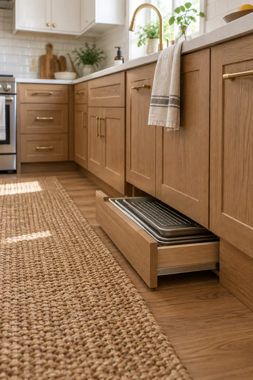 Baseboard drawer pulled open from under wood kitchen cabinets, holding baking sheets.