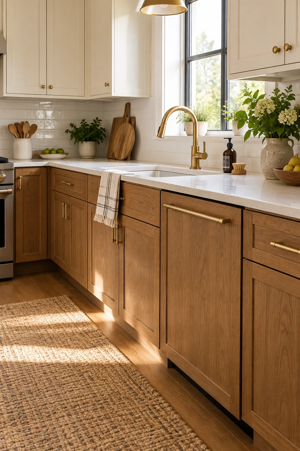 View down a narrow kitchen aisle showing the space between the sink and opposite counter.