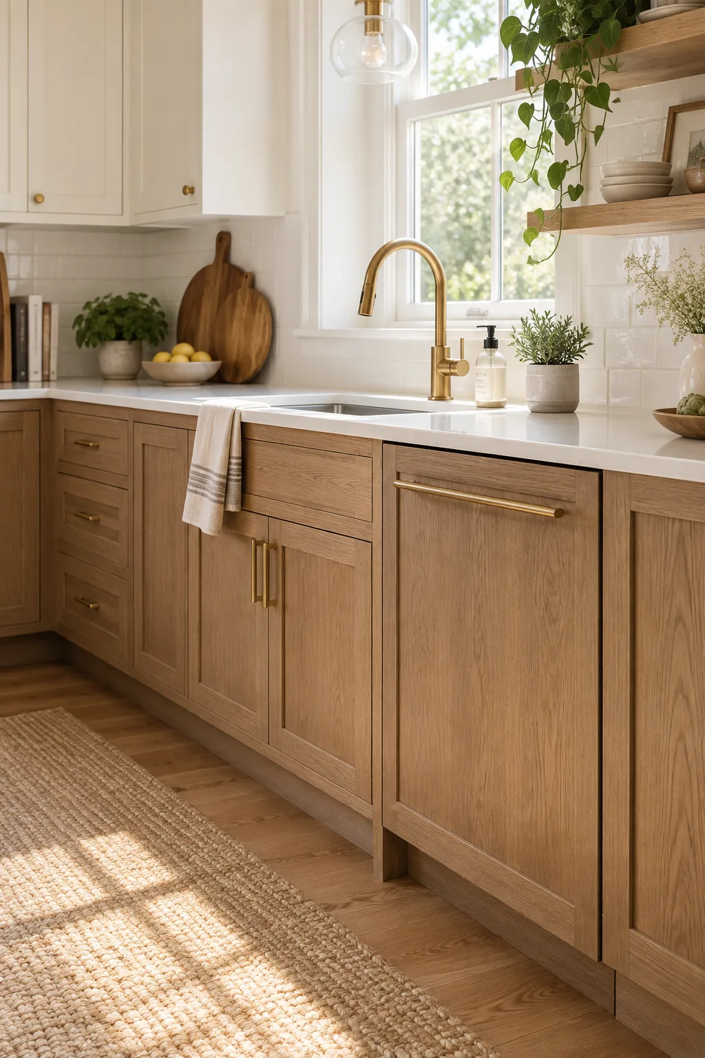 Seamless wood cabinet front covering a dishwasher next to a brass kitchen sink.
