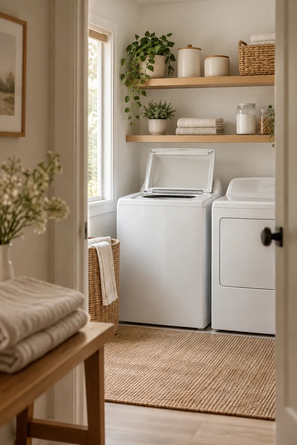 Floating wood shelf installed high above a white top loading washing machine