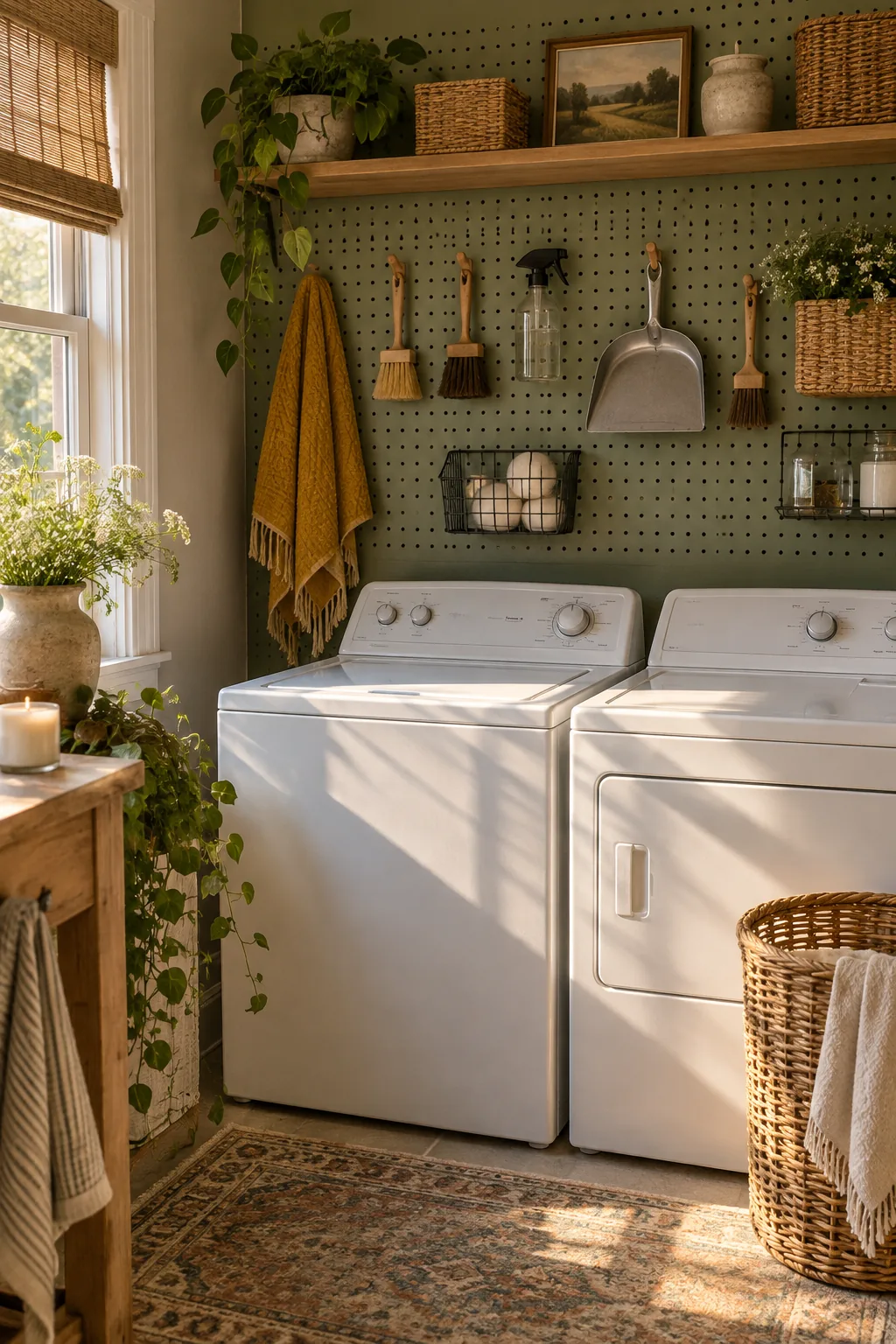 White pegboard wall behind a washer and dryer holding various laundry supplies