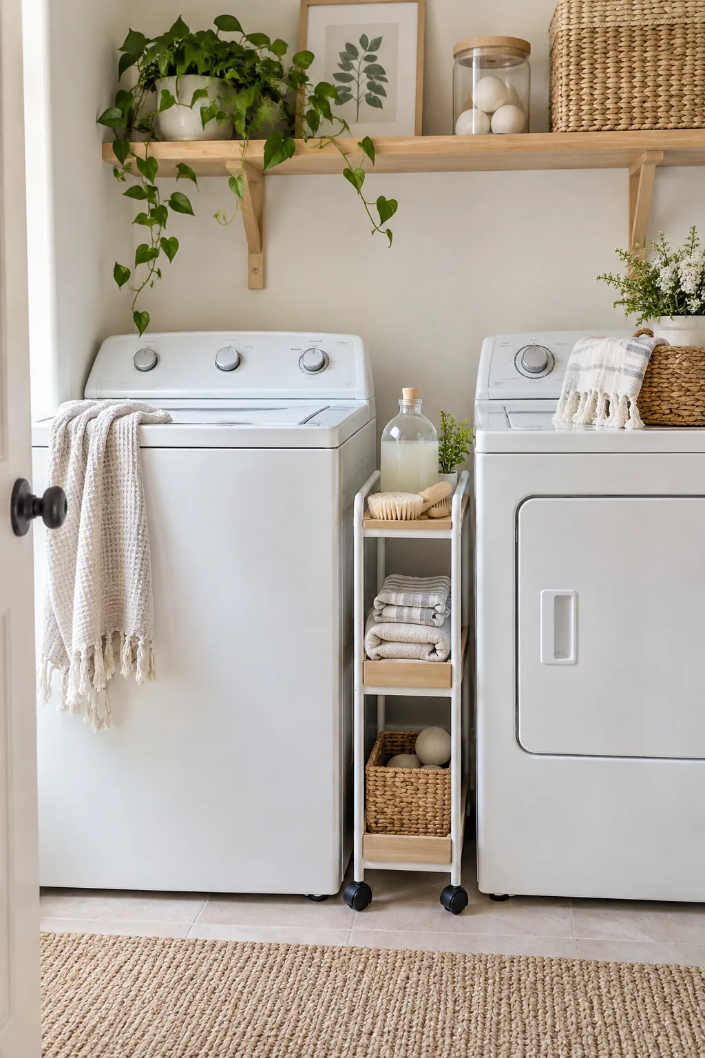 Slim rolling cart pulled out from between a top loading washer and front loading dryer