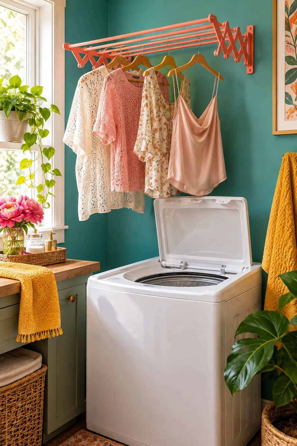 Wall mounted retractable drying rack extended above a top loading washing machine
