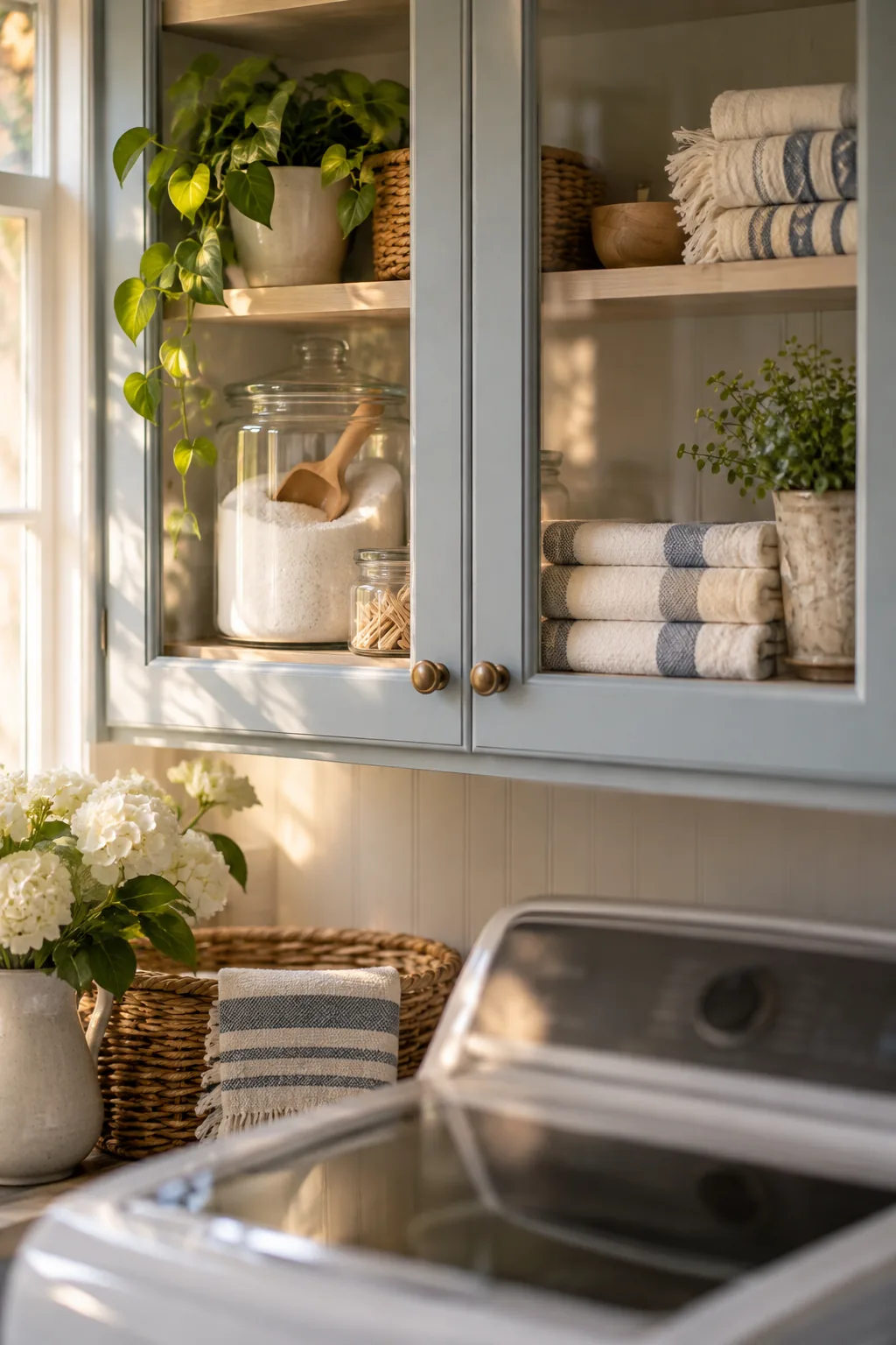 Upper cabinets with glass doors above laundry machines showing organized jars inside