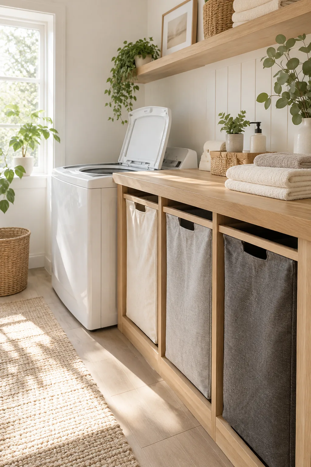 Custom wooden sorting station with pull out canvas bags and butcher block top next to a washer