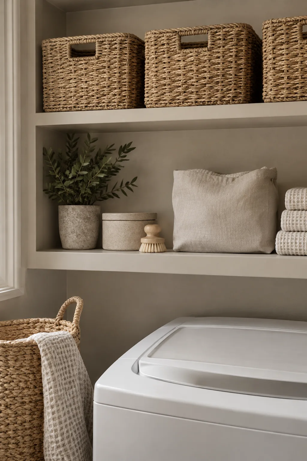 Monochromatic shelves painted the same color as the wall above a washing machine