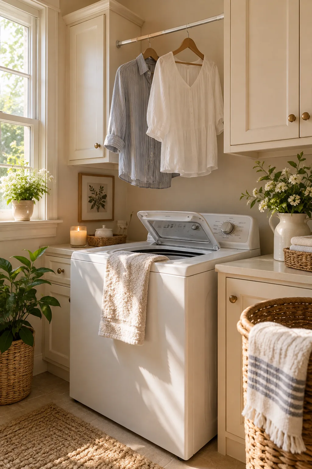 Tension rod installed between two upper cabinets over a washing machine with hanging shirts