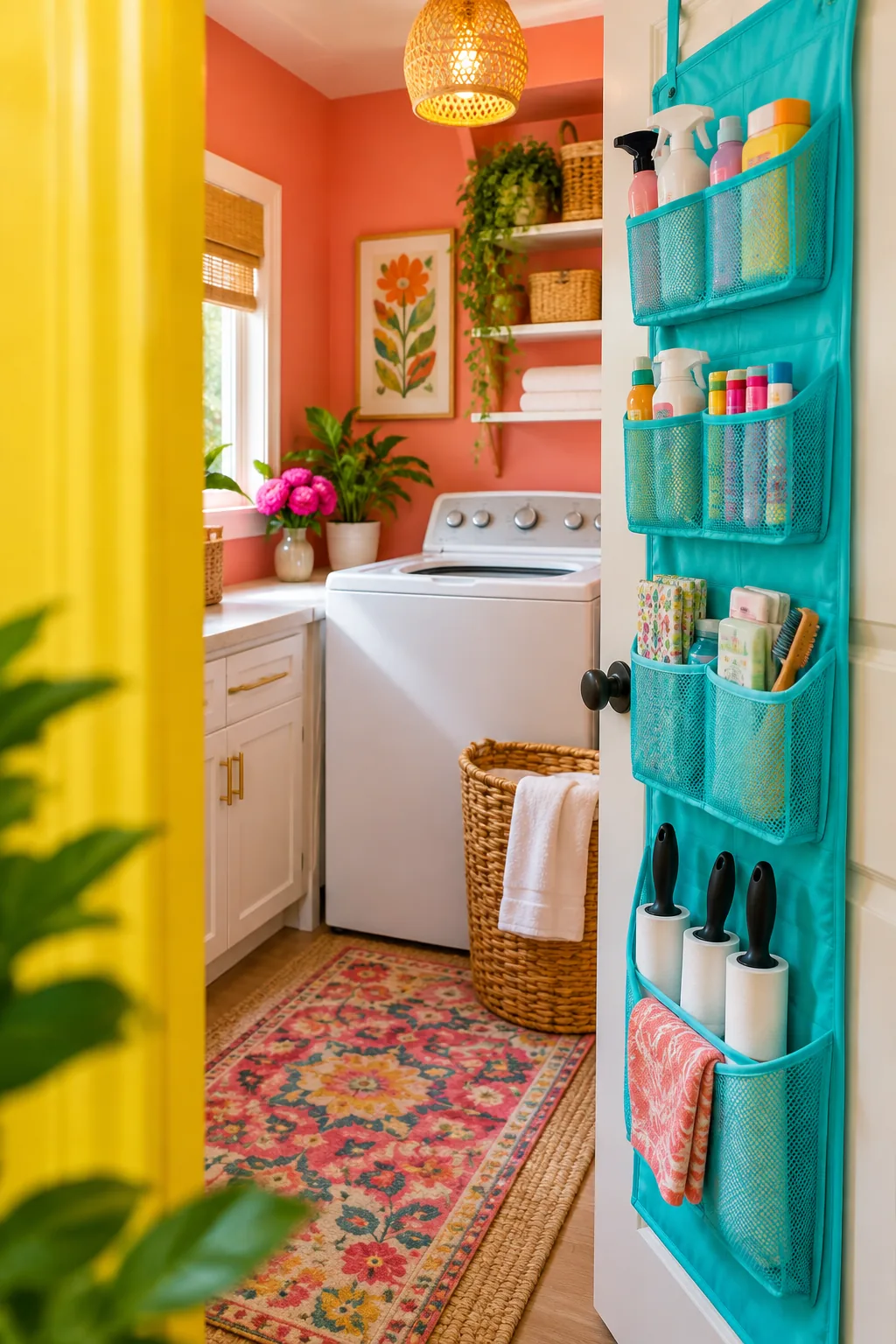 Over the door organizer hanging on a laundry room door filled with cleaning supplies