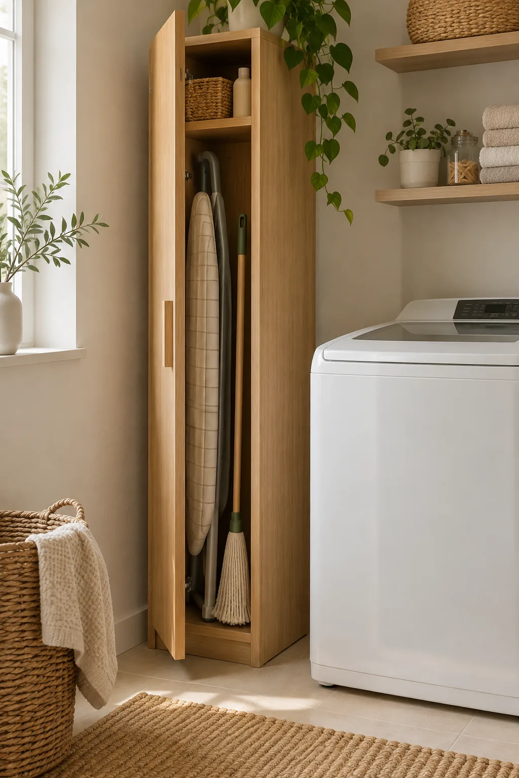 Tall slim white cabinet built next to a top loading washing machine resting on the floor