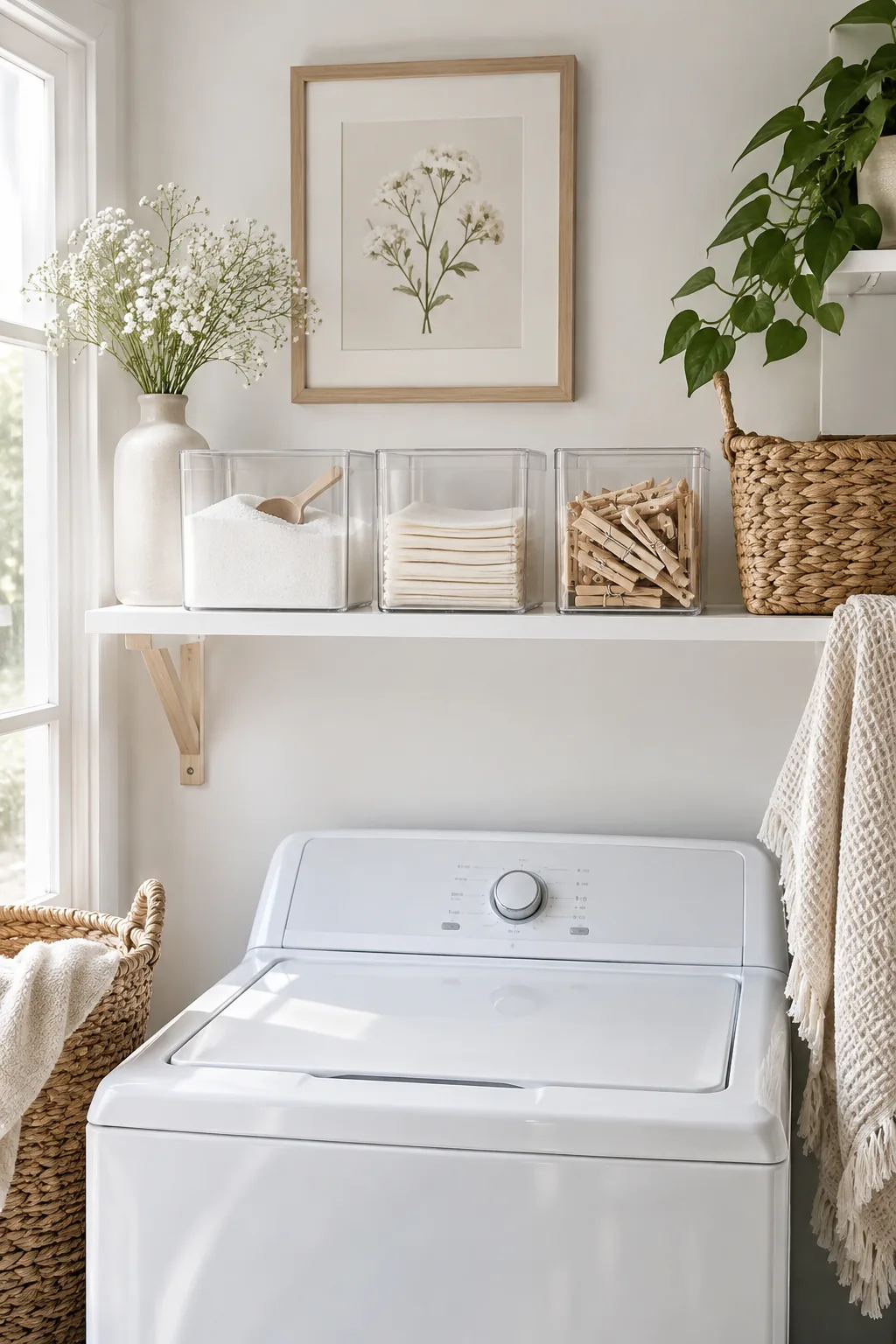 Clear acrylic bins sitting on a shelf above a washing machine holding laundry powder