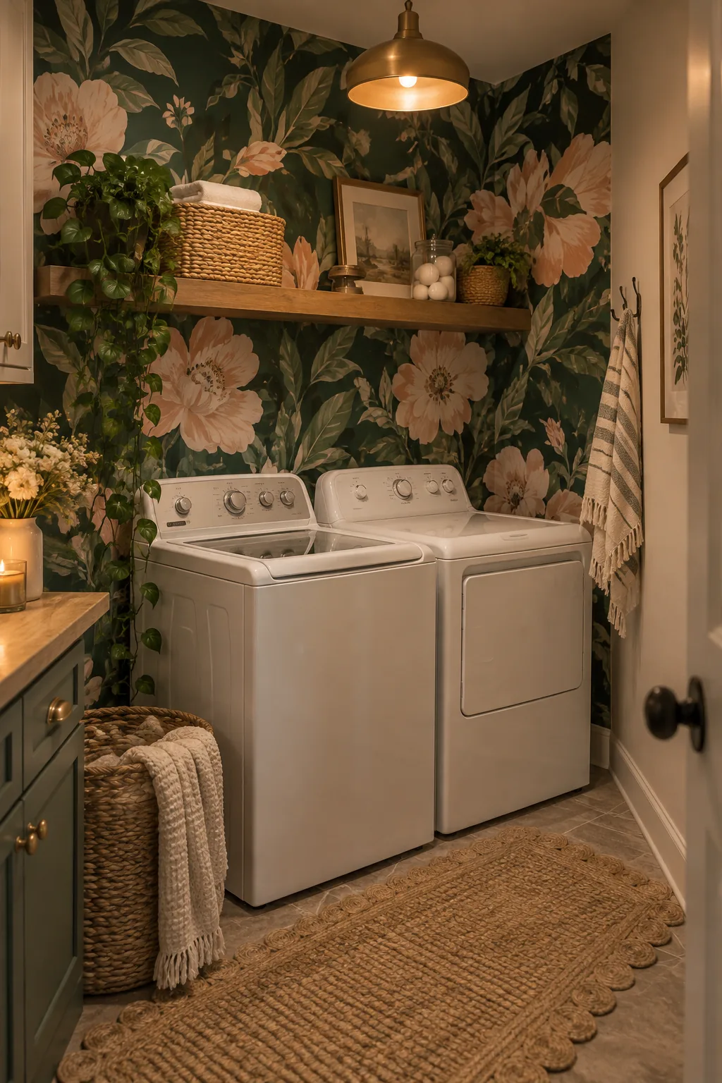 Bold floral wallpaper installed on the wall behind a white top loading washer