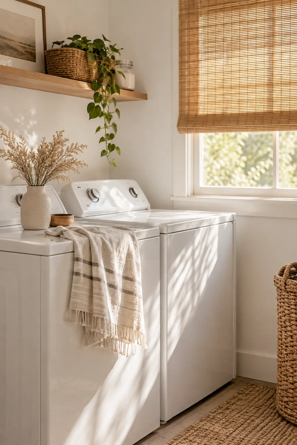 Woven bamboo window shade pulled down above a top loading washing machine