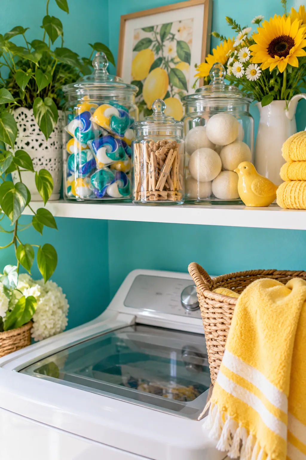 Glass apothecary jars filled with detergent pods and clothespins on a laundry room shelf