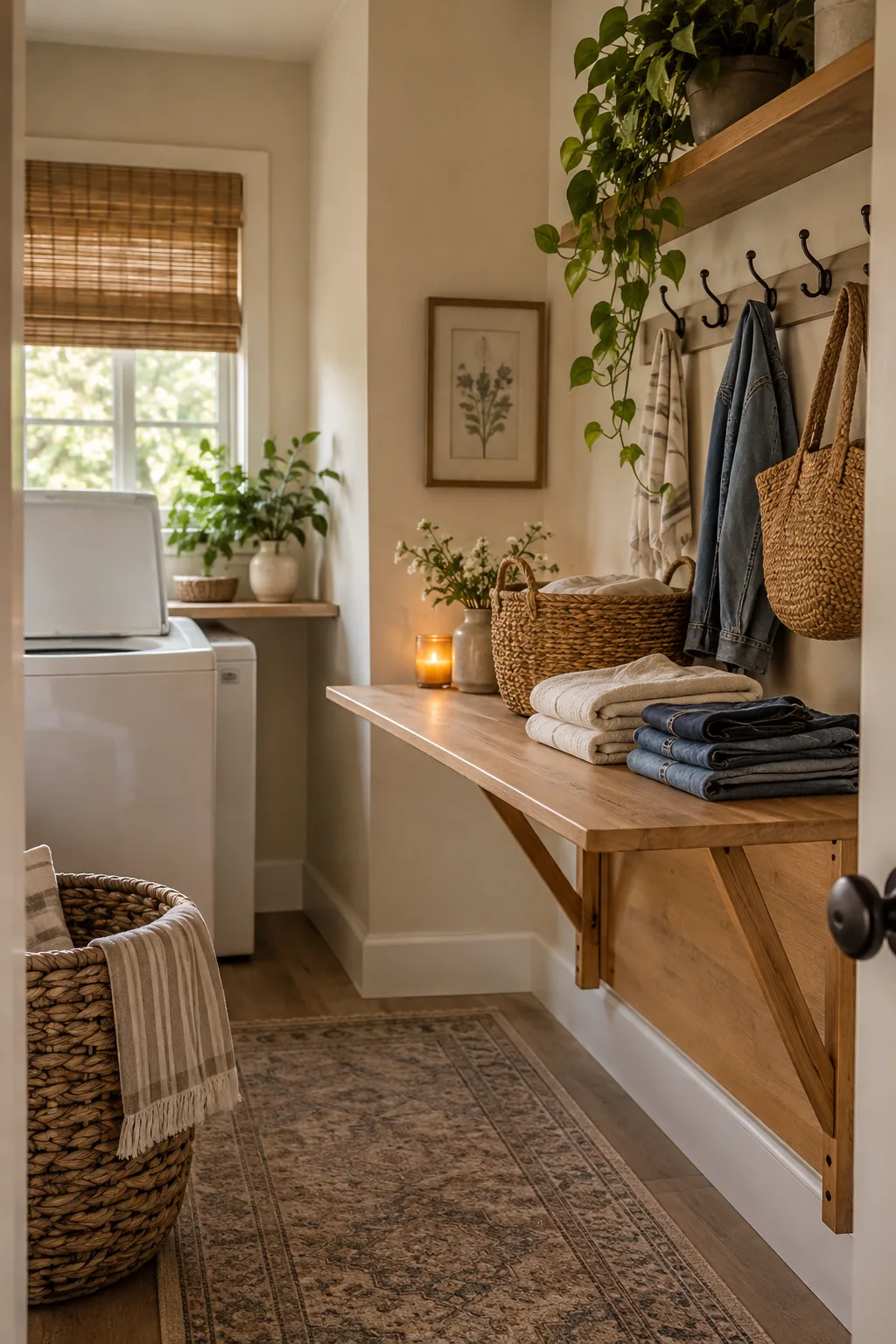 Wooden drop down folding table mounted to the wall opposite a washing machine