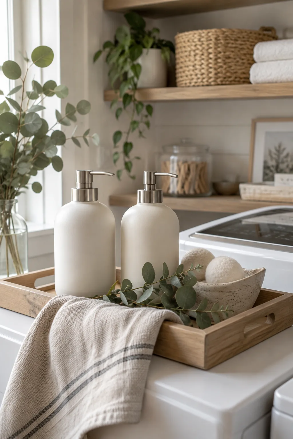 Matching glass pump dispensers for laundry detergent sitting on a wooden tray