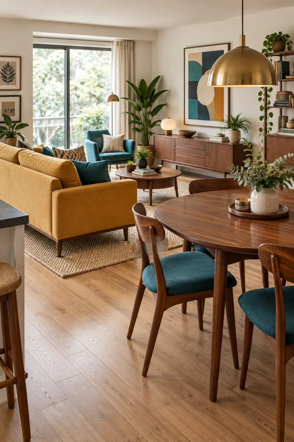 A mid-century modern living and dining room with a mustard sofa and walnut table.
