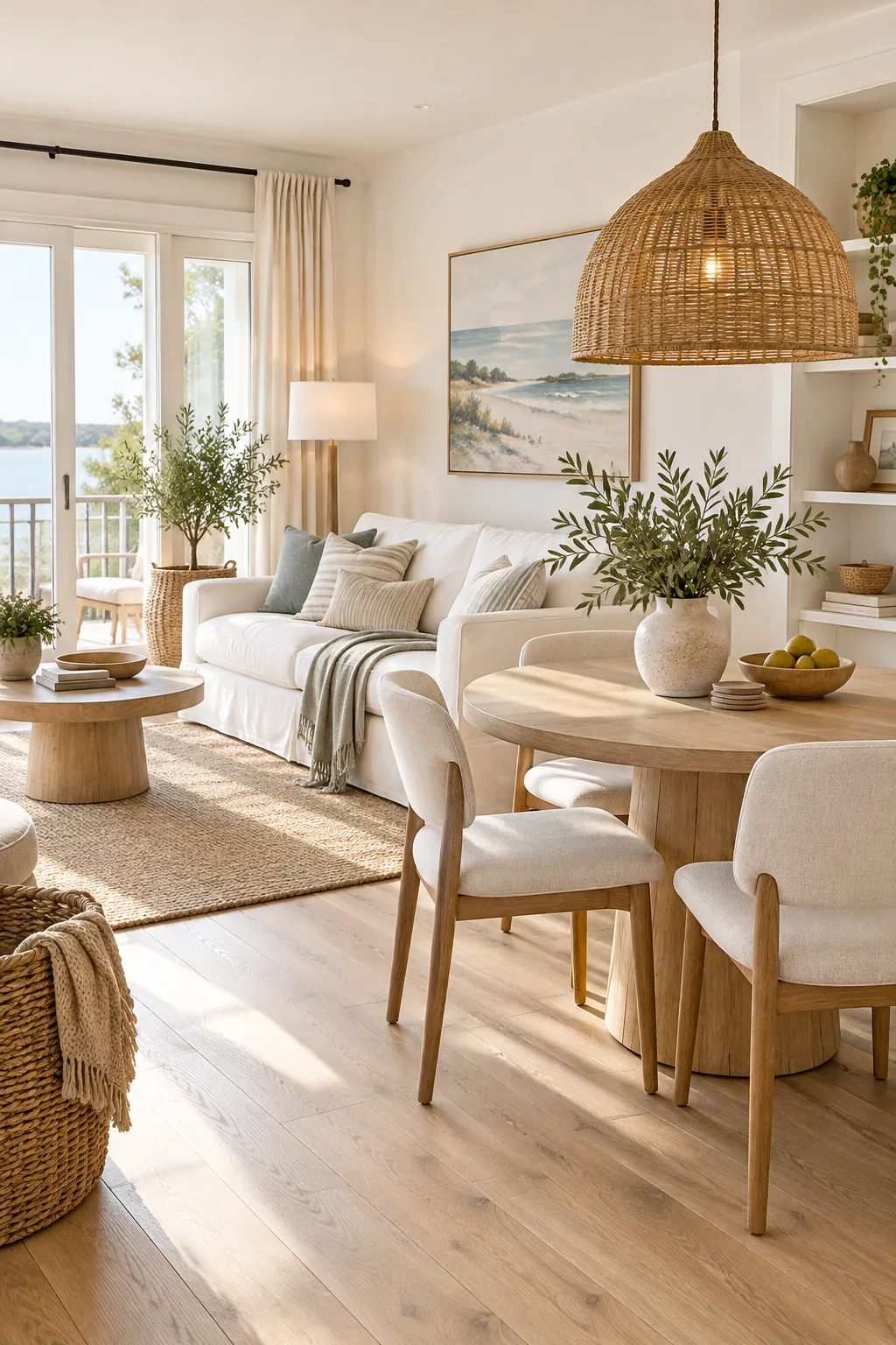 A coastal minimal living and dining room with a white slipcovered sofa and rattan pendant.