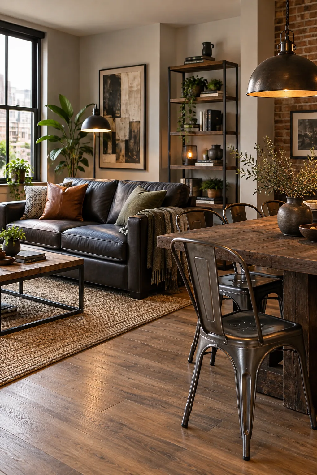 An industrial living and dining room with a charcoal leather sofa and steel chairs.