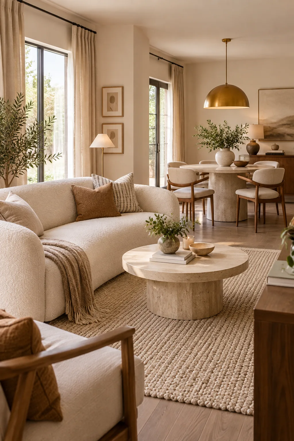 A warm neutral living and dining room with a cream boucle sofa and travertine table.
