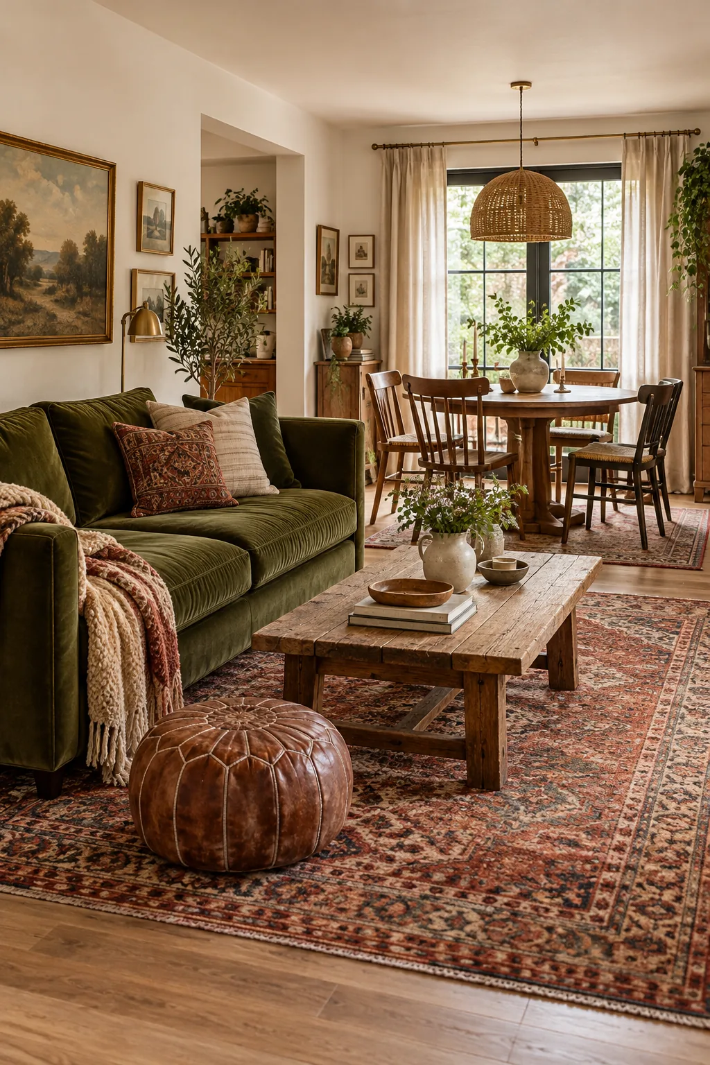 An eclectic living and dining room with an olive green velvet sofa and vintage rug.