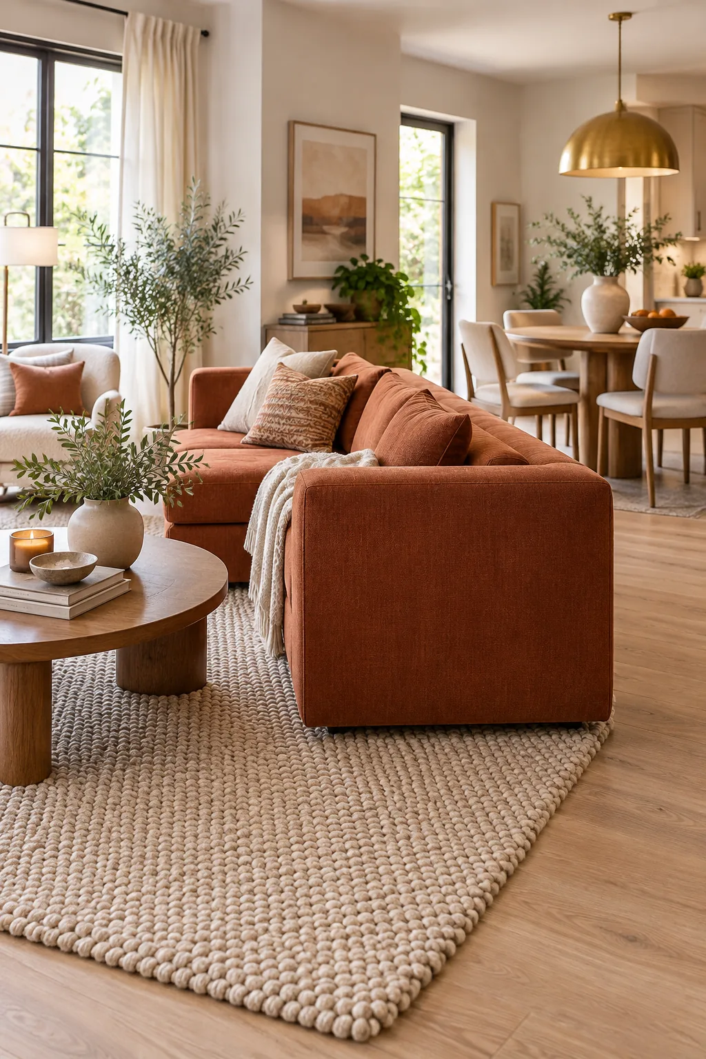 The back of a rust-colored sofa floating in the middle of a bright living room, separating it from the dining area.