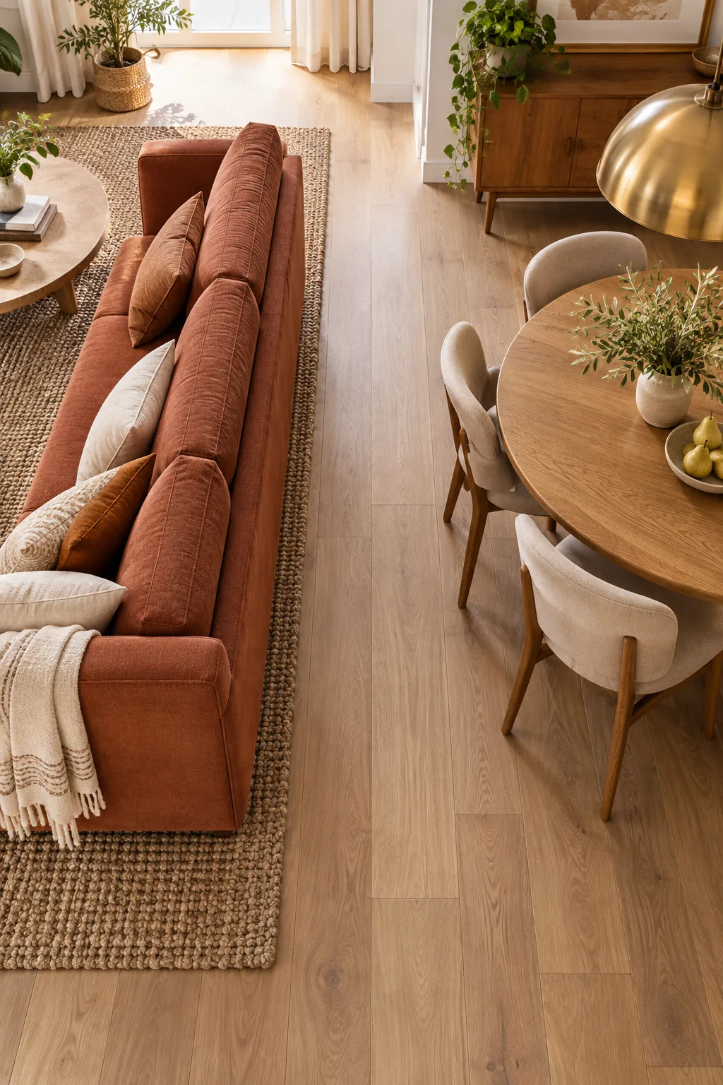 A thick woven rug ends in a straight line on a light wood floor, marking the edge of the living room zone.