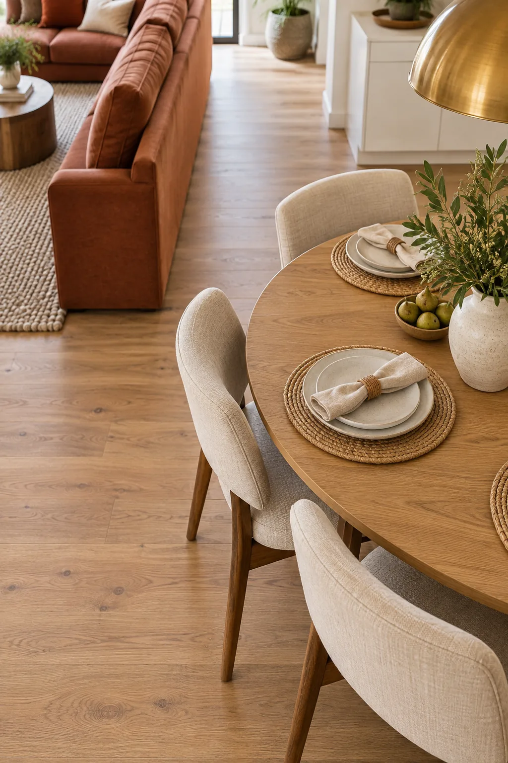 A clear wooden walkway runs between the back of a sofa and a dining table set.
