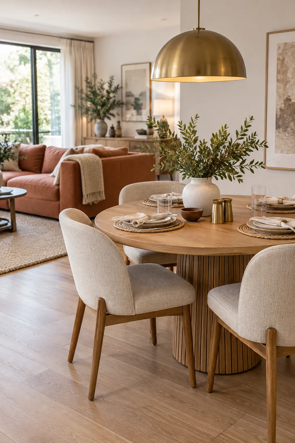 Top-down view of a round oak dining table with chairs tucked neatly underneath.