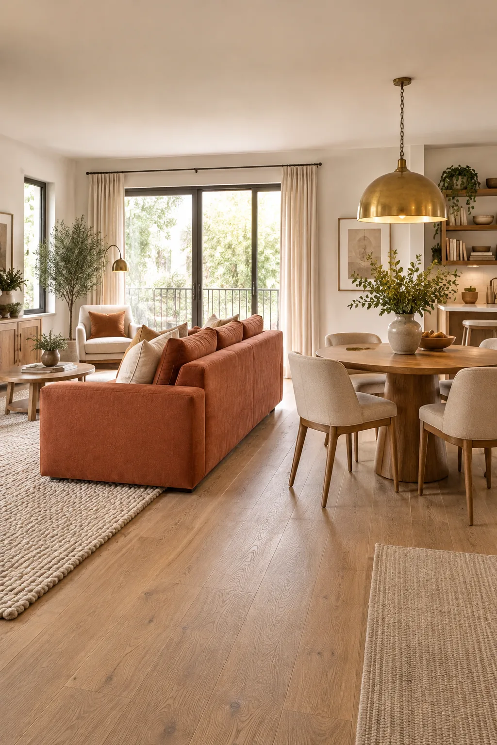 A brass dome pendant light hangs low over a round wooden dining table.