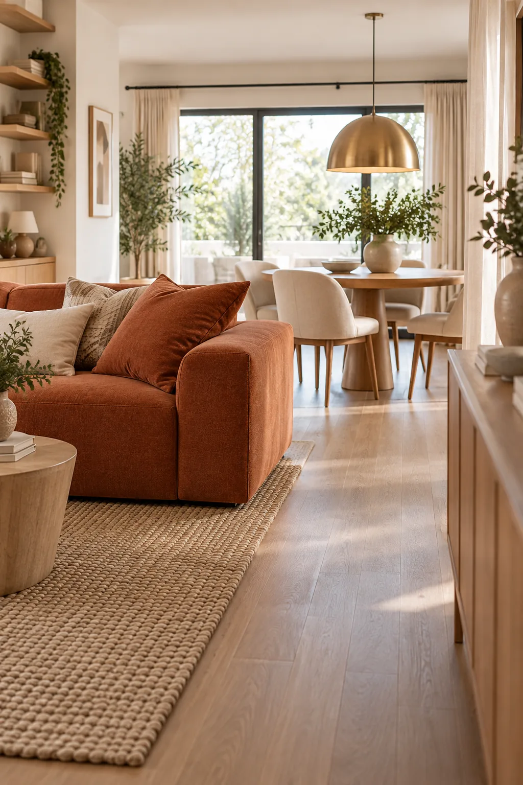A solid terracotta sofa contrasts with the thin wooden legs of nearby dining chairs.