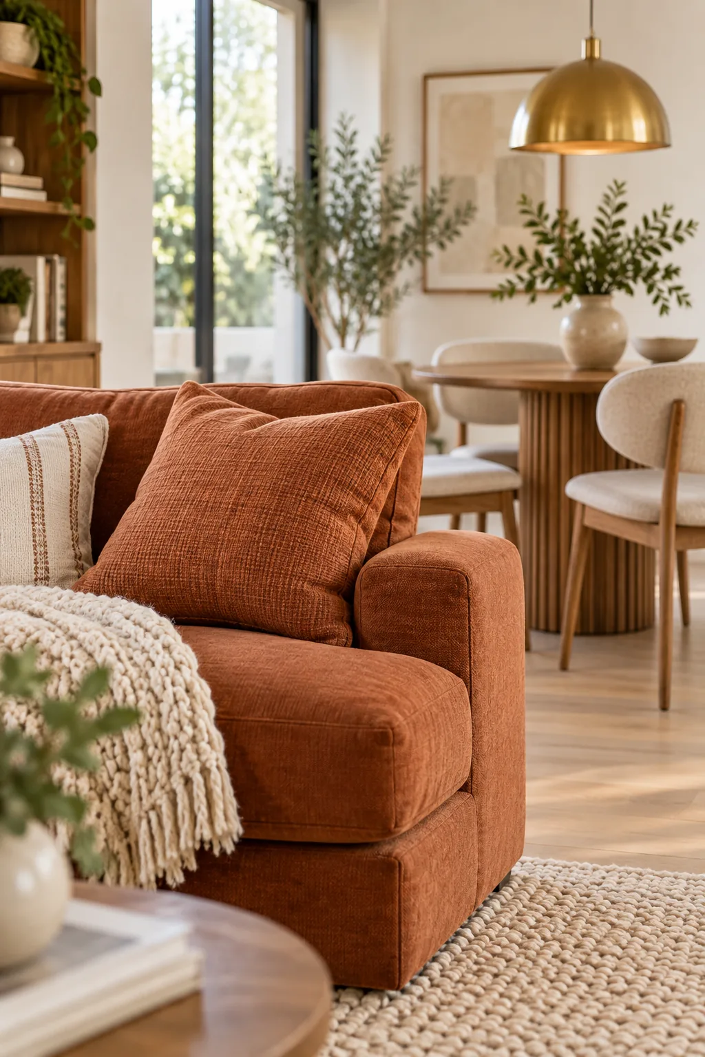 A terracotta pillow on a sofa in the foreground with a wooden dining chair in the background.