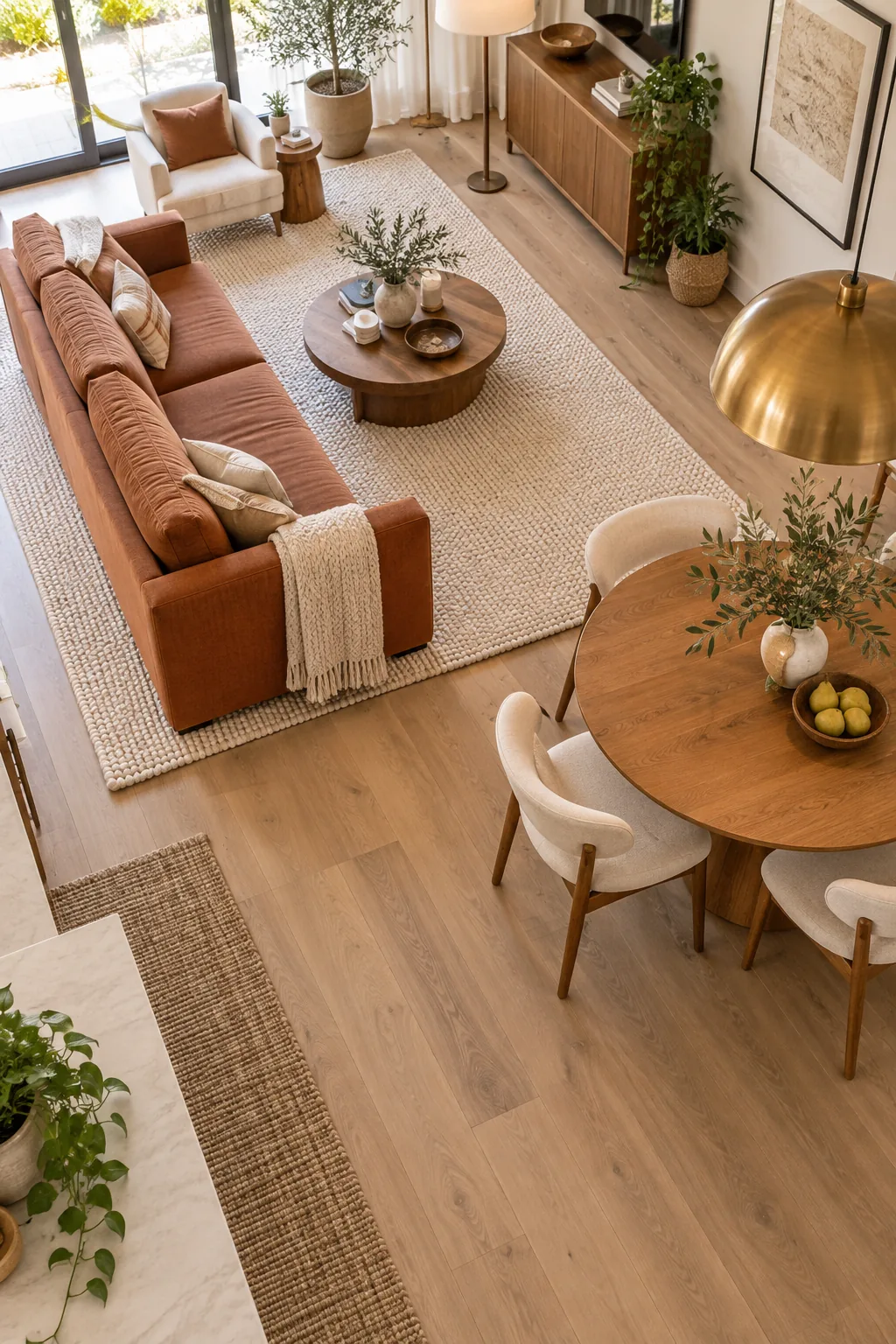 A perfectly spaced small living and dining room combo showing clear walkways and distinct zones.