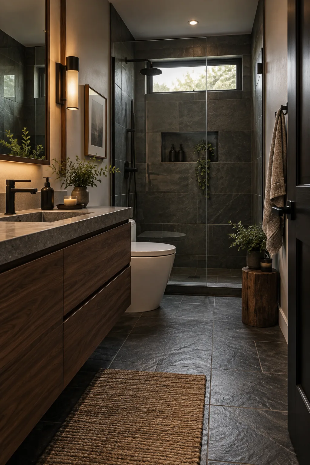 A moody small bathroom with dark slate tiles and a rich walnut vanity.