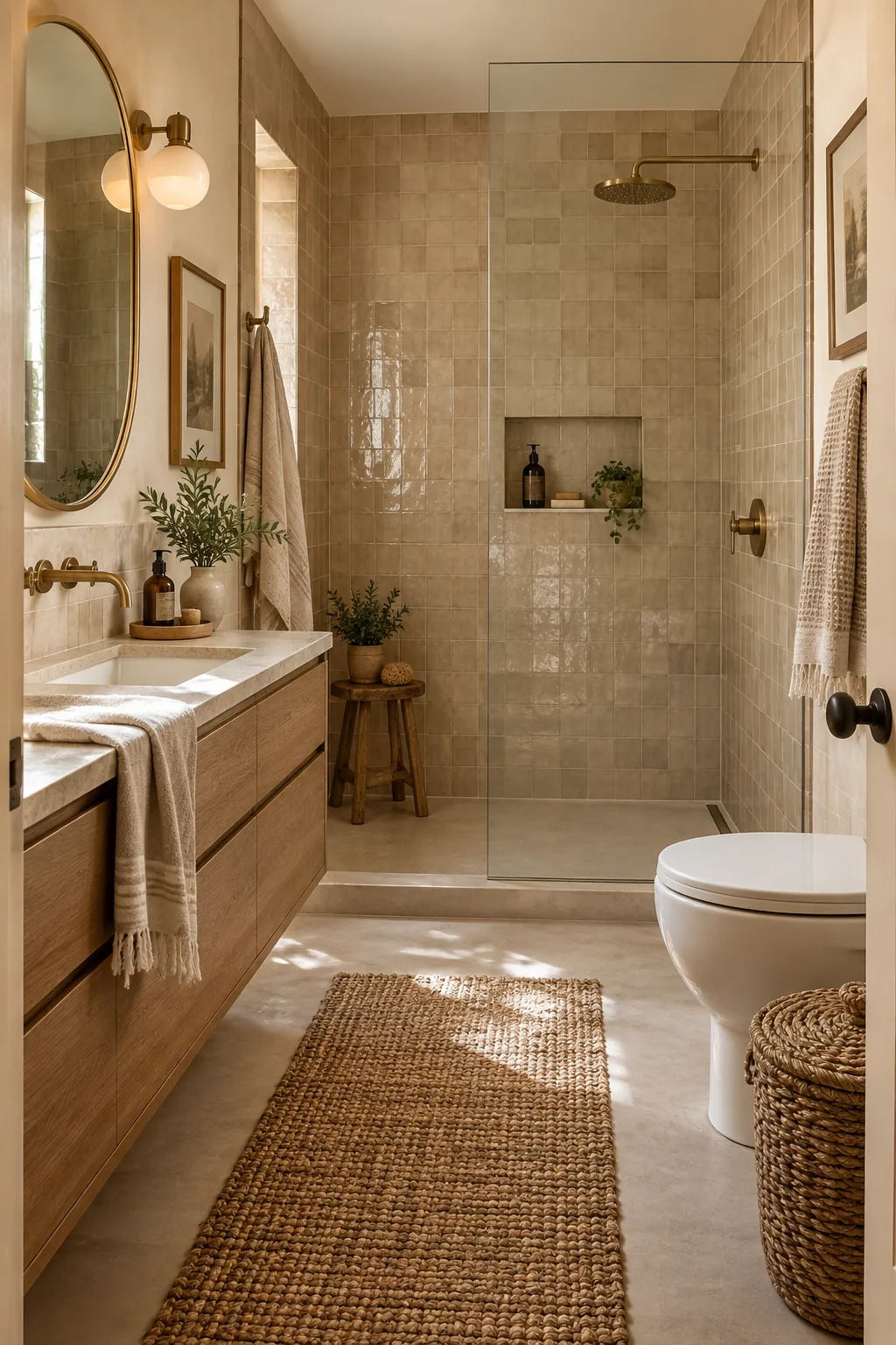 A warm small bathroom featuring sandy beige zellige tiles and brass fixtures.