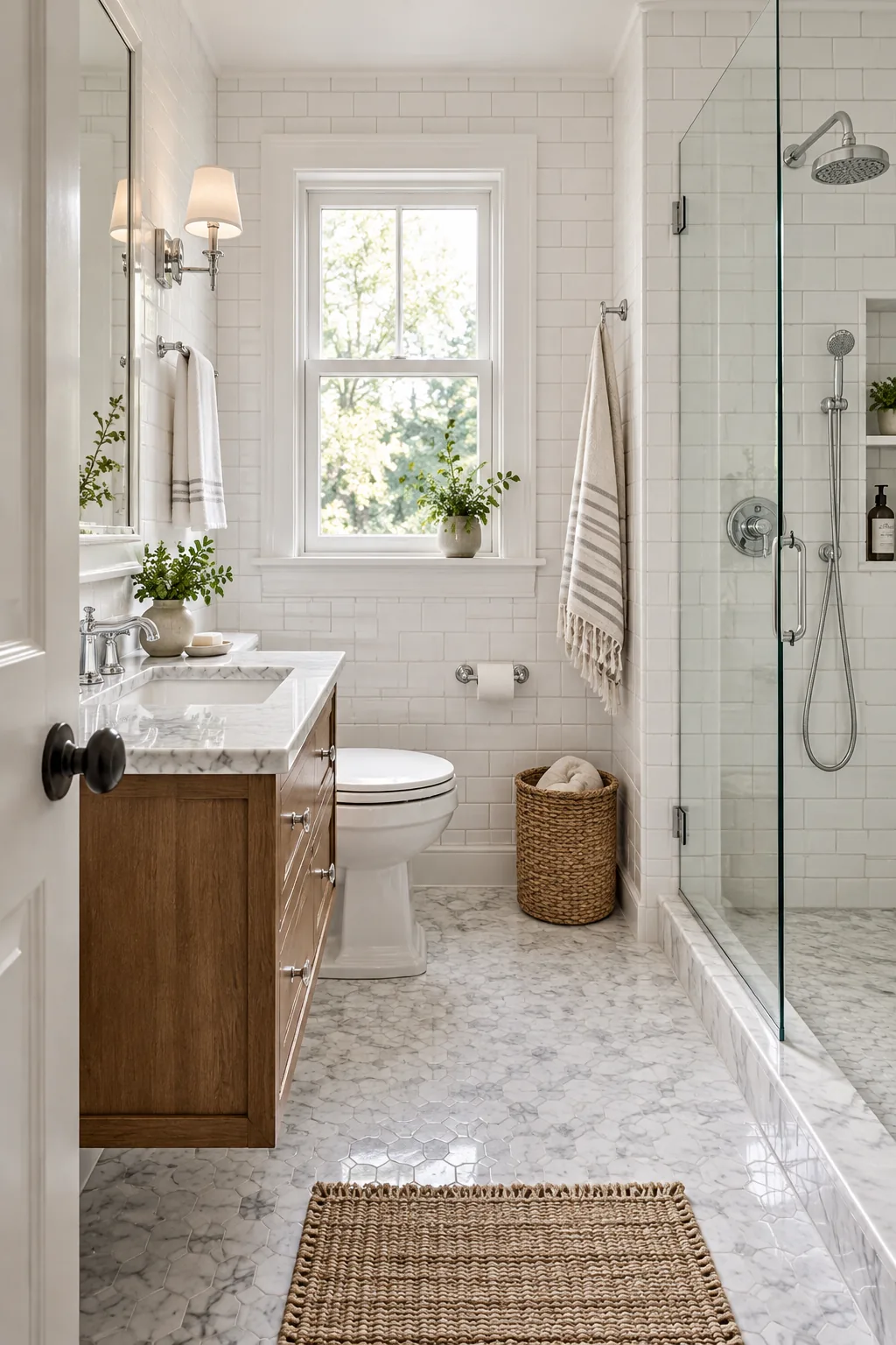 A crisp white small bathroom with a marble hexagon floor and chrome fixtures.