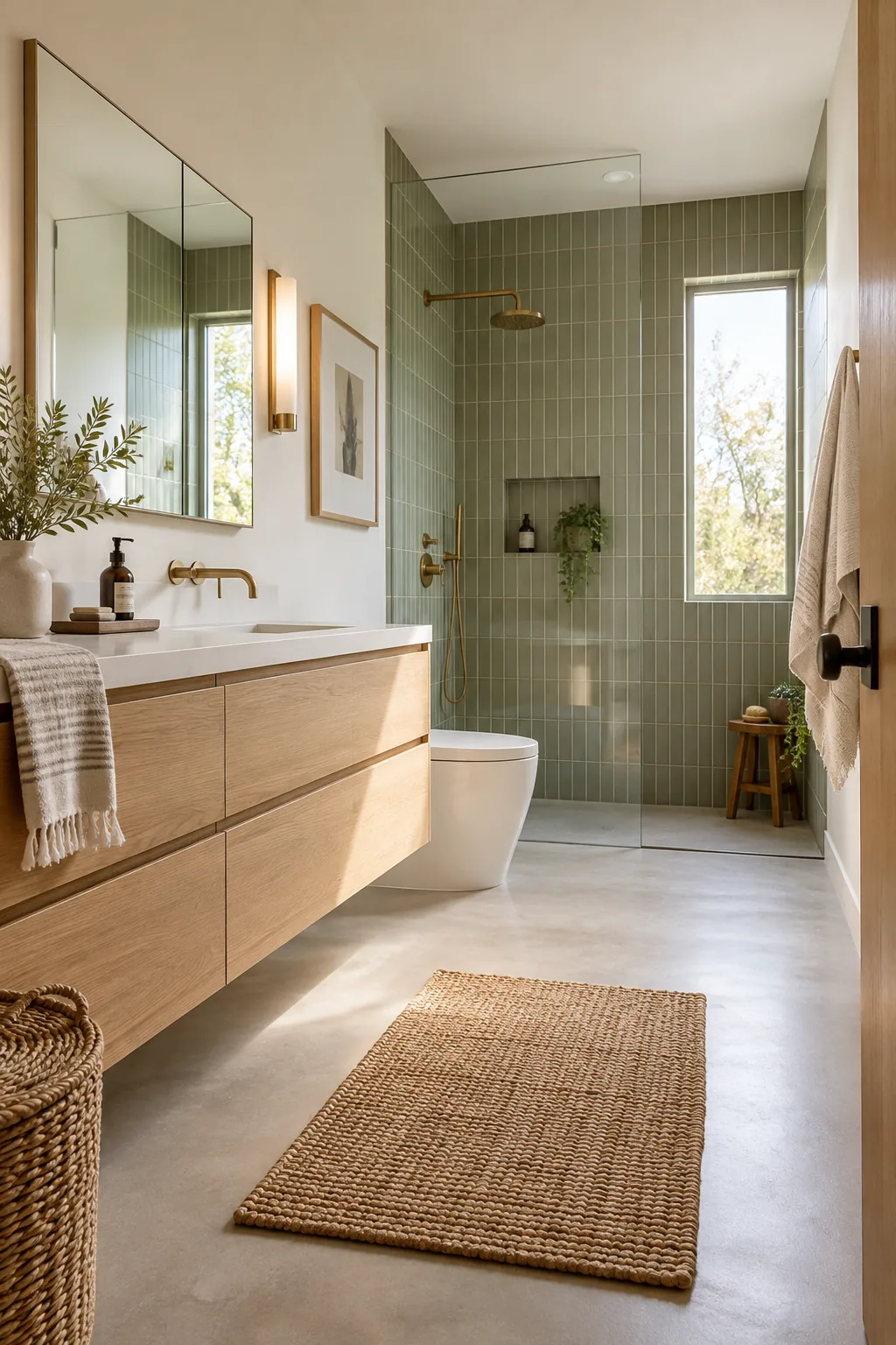 Low angle view of a floating light oak vanity with concrete flooring extending underneath.