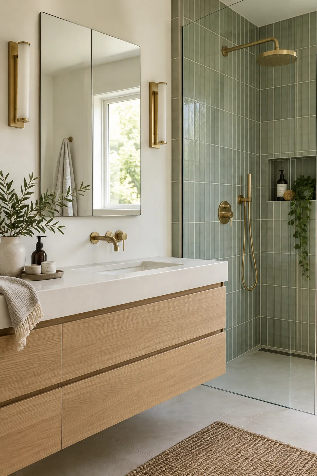 A flush-mounted medicine cabinet mirror positioned above a white quartz counter with an offset sink.