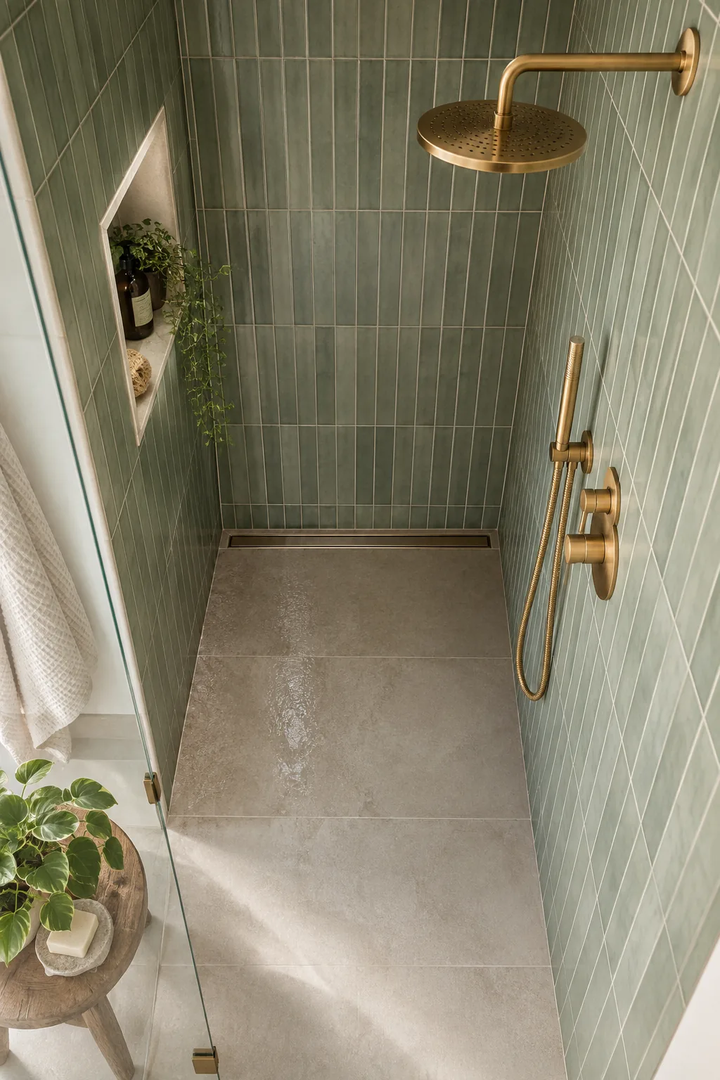 Sage green vertical stacked tiles extending to the ceiling inside a bright shower.