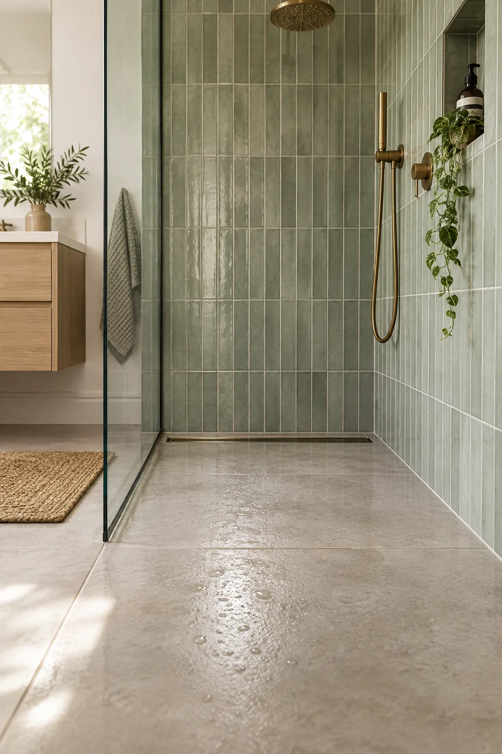 Large-format tiled shower floor sloping down to a linear drain at the back wall.