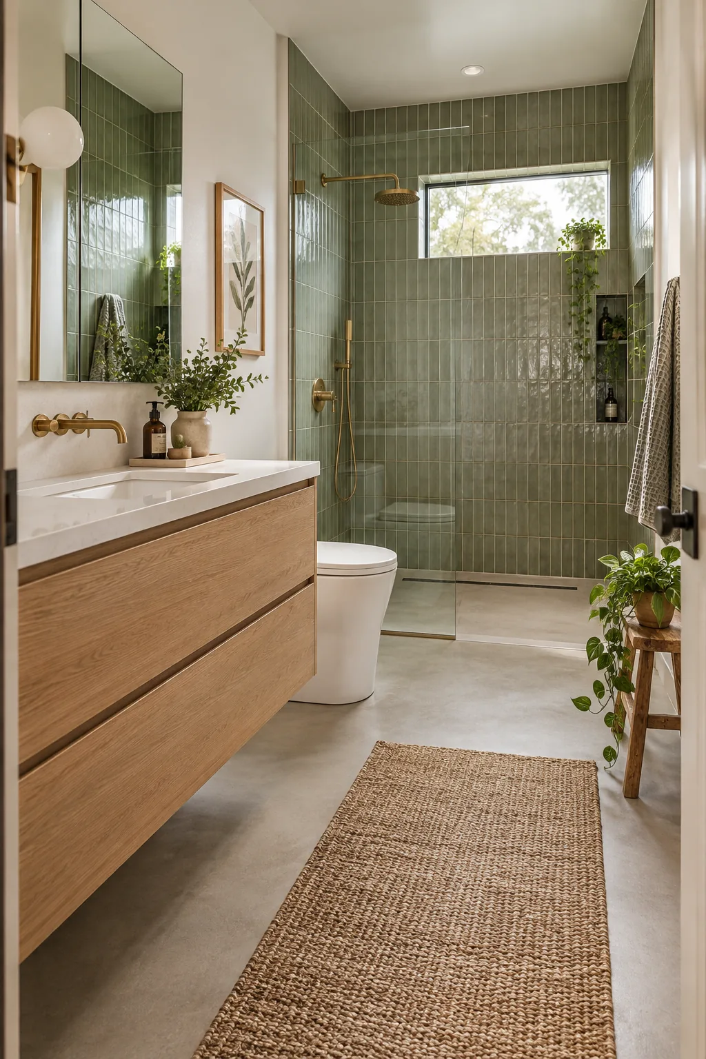 Overhead view of a compact bathroom showing clear walking paths between the vanity, toilet, and shower.