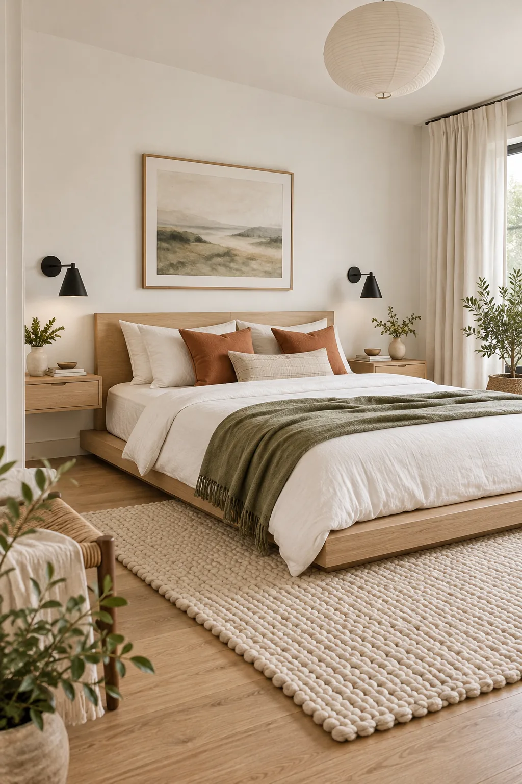A minimalist Scandinavian small bedroom with an ash wood bed and white linens.