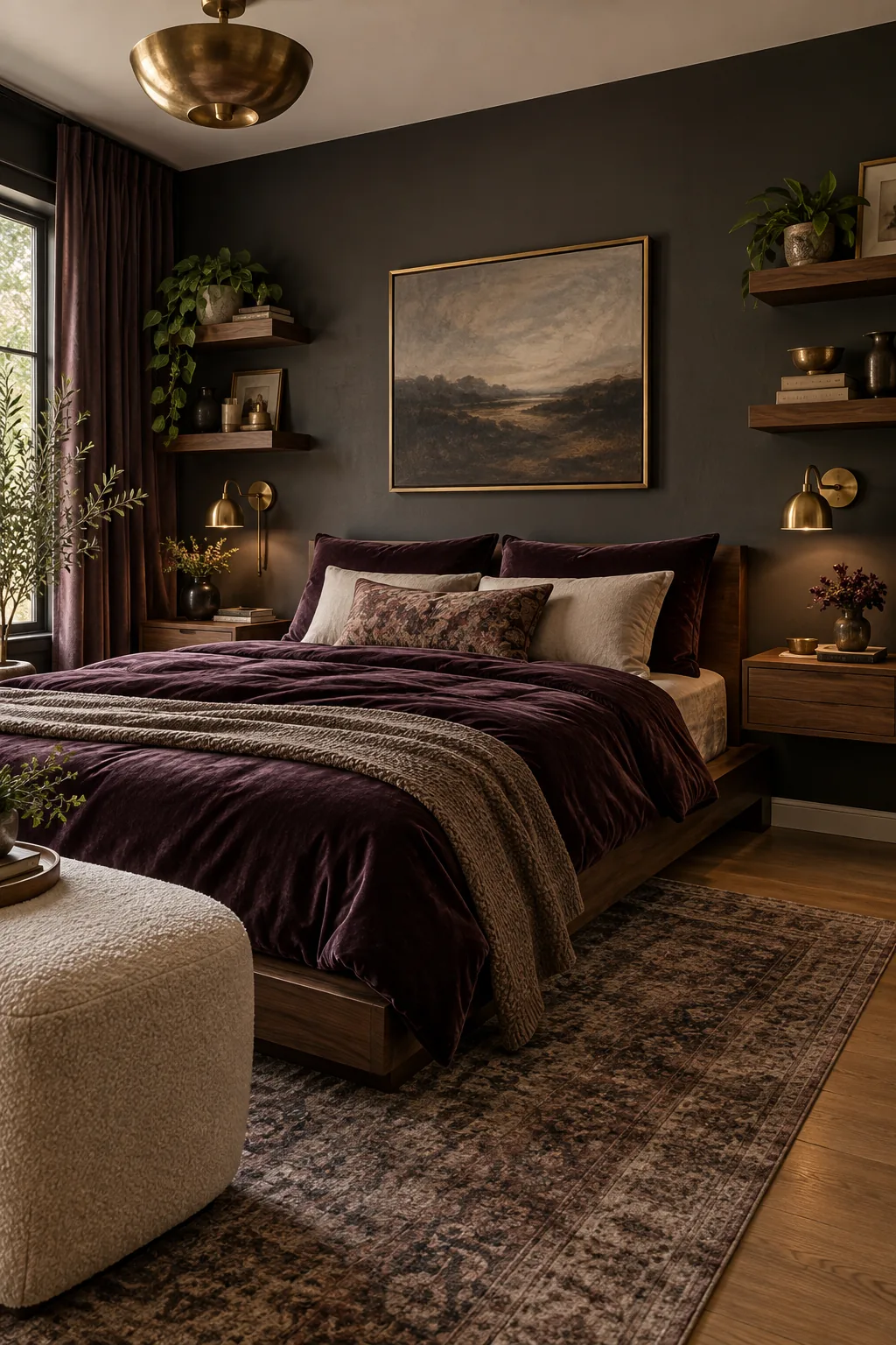 A moody boutique bedroom with charcoal walls, walnut shelves, and plum velvet bedding.