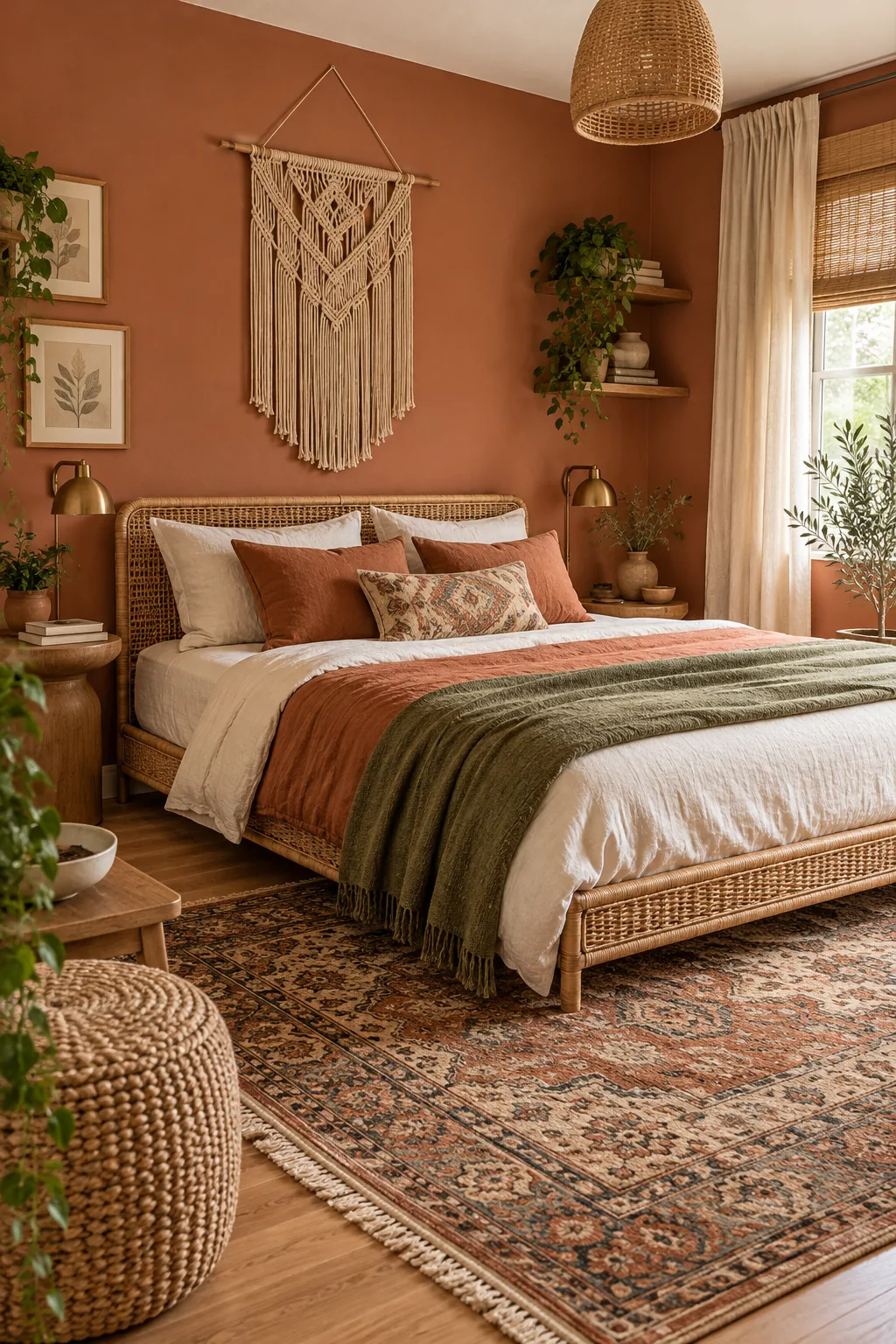 A warm bohemian bedroom with a rattan bed, terracotta walls, and a vintage rug.
