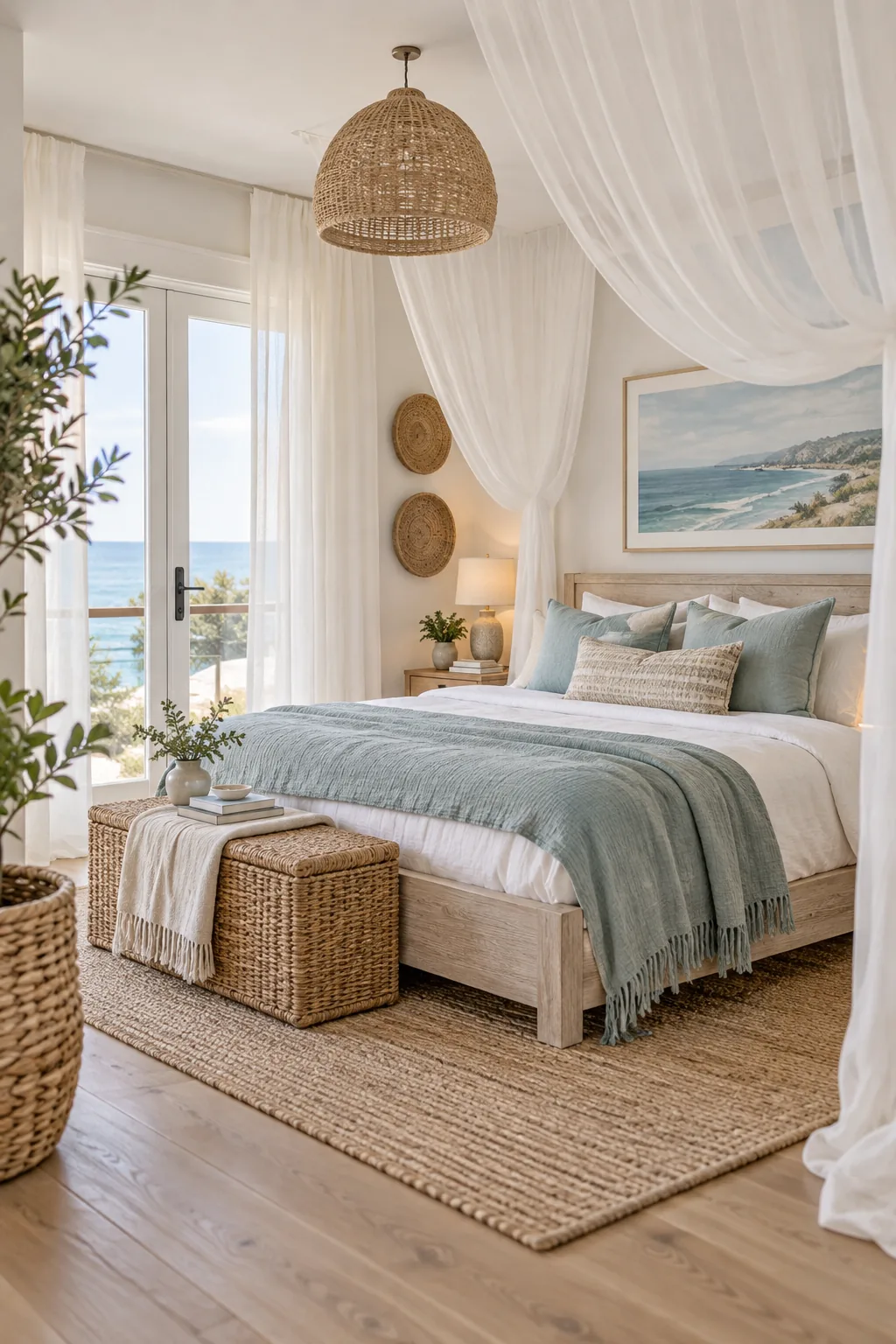 A coastal bedroom with a whitewashed oak bed, sea-glass blue accents, and sheer drapes.